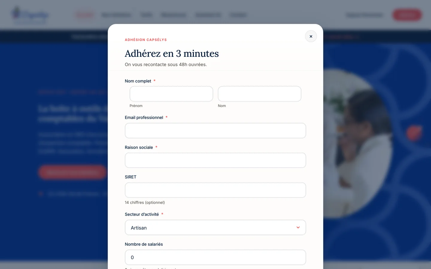 Archive du staging : formulaire d'adhésion ouvert, sans donnée renseignée.