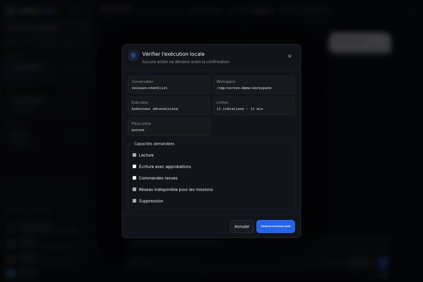 Avant exécution : dossier, durée et permissions à vérifier. Scénario fictif rejoué dans l'interface locale.