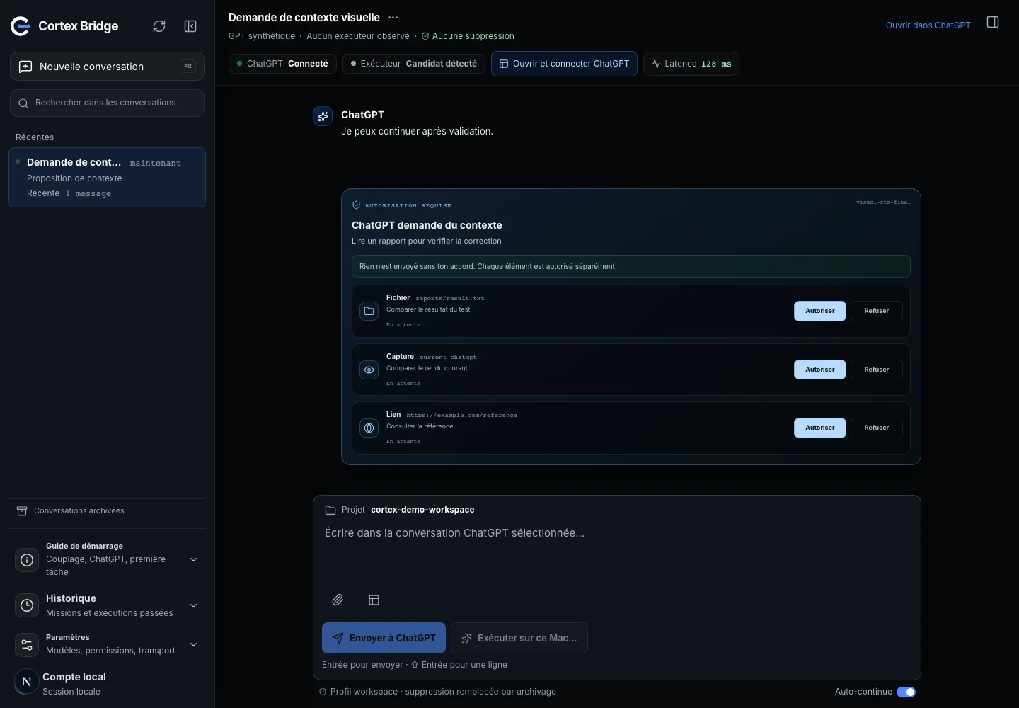Autoriser un fichier, une capture ou un lien séparément. Écran de test v0.6.2 conservé dans le package v0.6.5 : données synthétiques, aucune exécution réelle revendiquée.