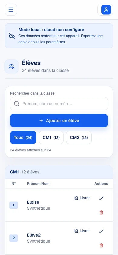 Retrouver la classe sur mobile. Capture locale du 9 septembre 2026, élèves fictifs ; cadrage sur le haut de l'écran.