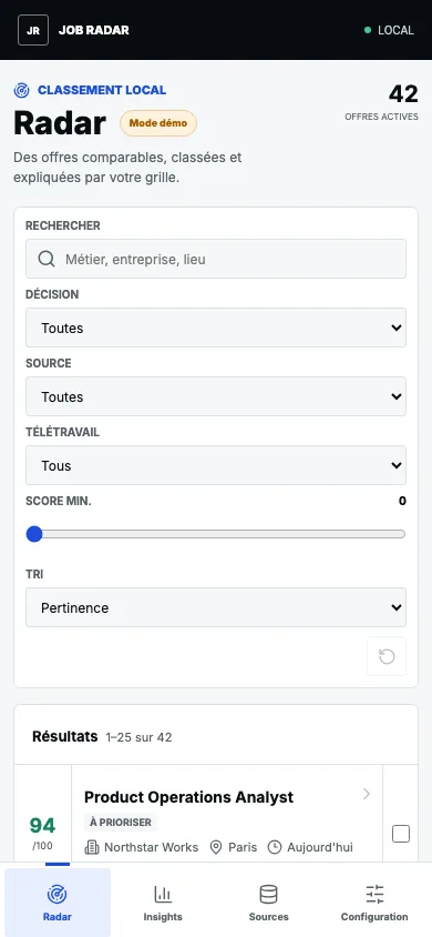 Le radar conserve filtres, score, confiance, fraîcheur et décision sur un écran mobile de 390 px.