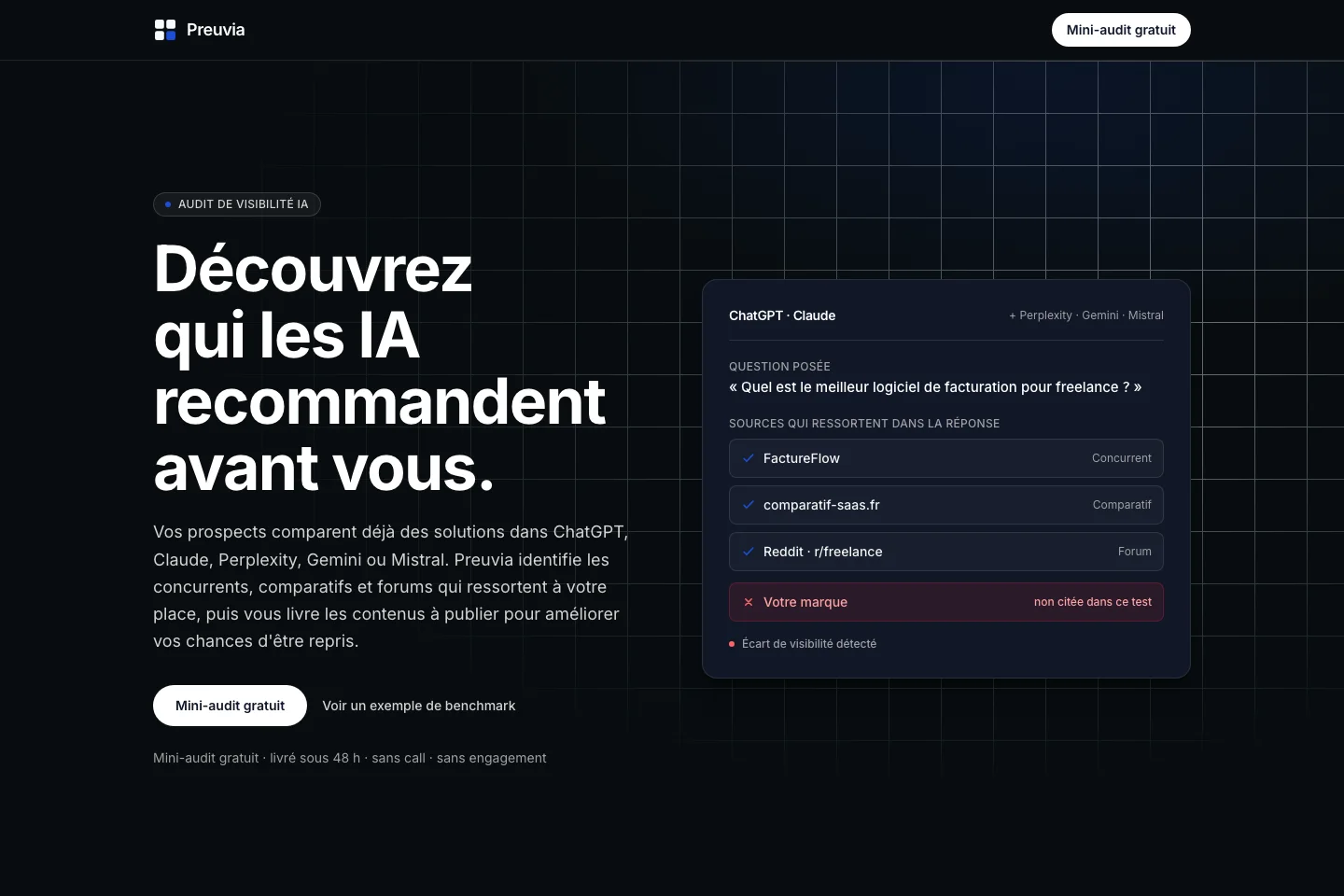 Accueil public : la promesse et un exemple de comparaison entre réponses d'IA.