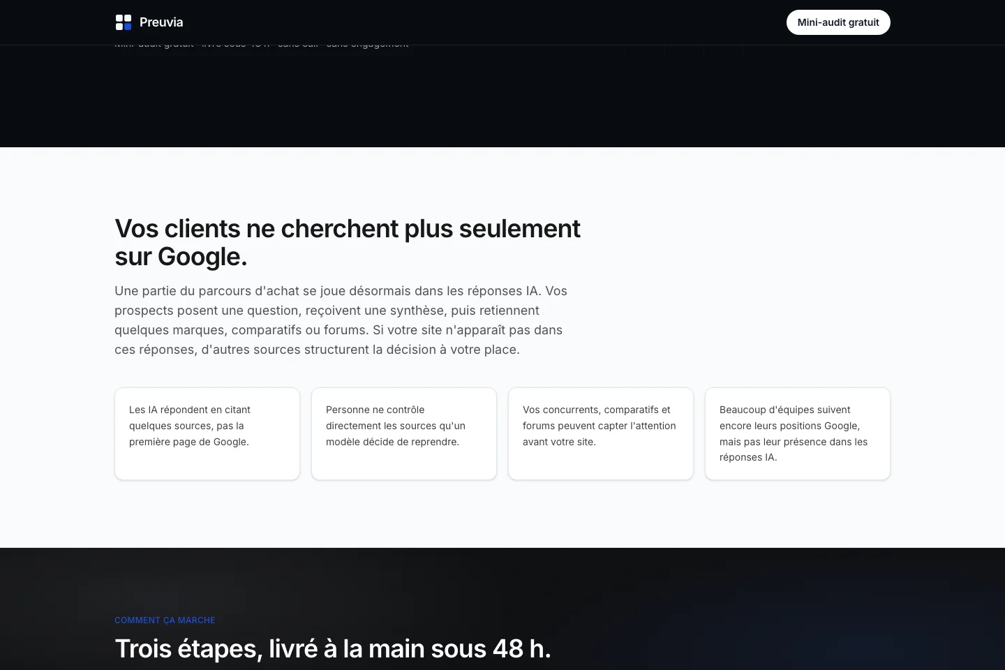 Le site explique ce que l'audit observe et les étapes de la prestation.