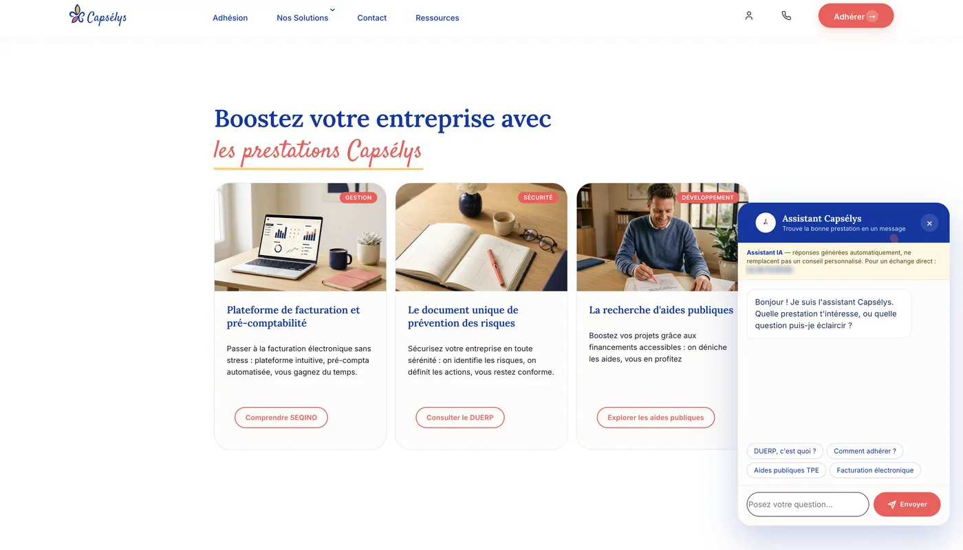 Home Capsélys (staging) avec l'assistant IA ouvert en contexte.
