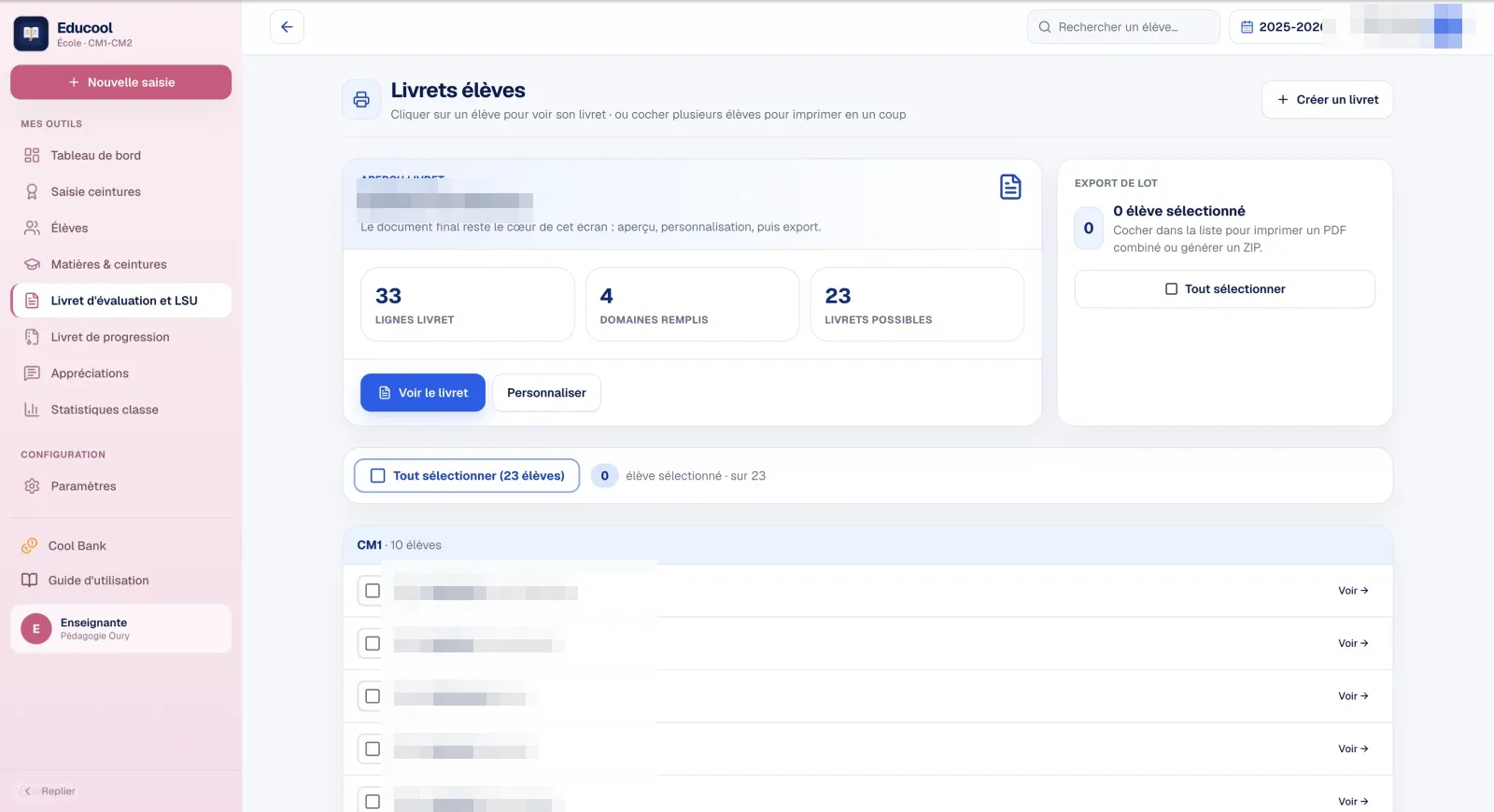 Livrets élèves : aperçu, personnalisation puis export PDF, individuel ou en lot (ZIP pour toute la classe).