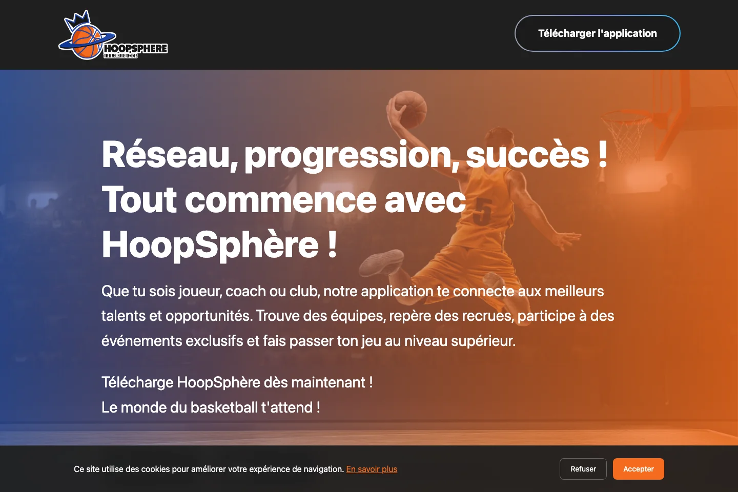 Landing d'équipe archivée : proposition de valeur pour les joueurs de basket. Ma contribution porte sur le marketing, pas sur le design de cet écran.