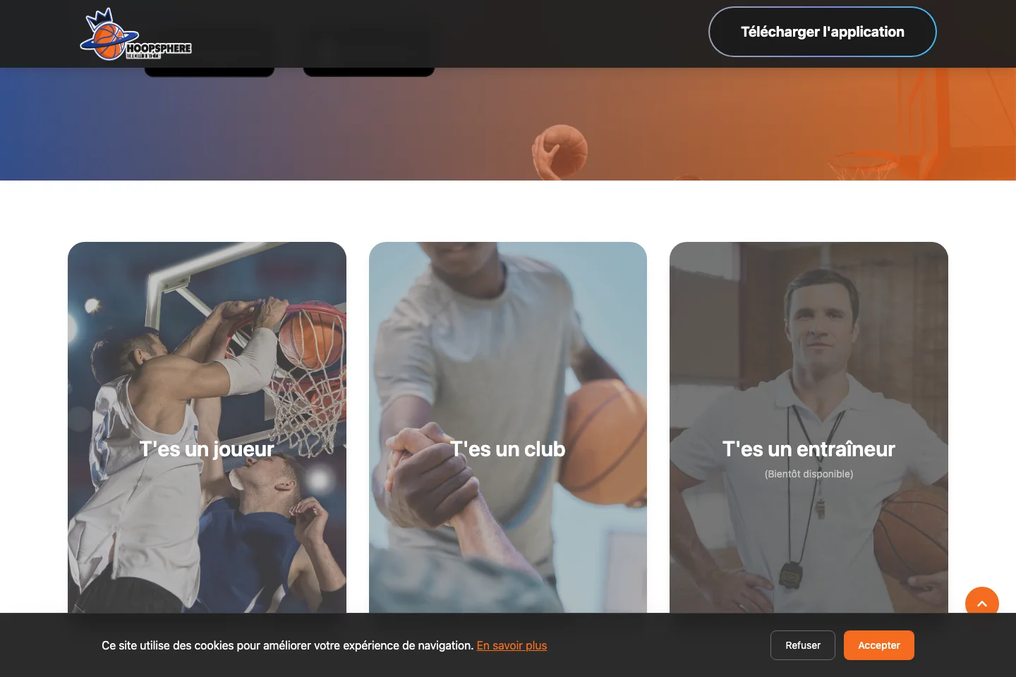 Landing d'équipe : les publics joueur, club et entraîneur. Capture locale de l'archive, pas une application mobile en production.