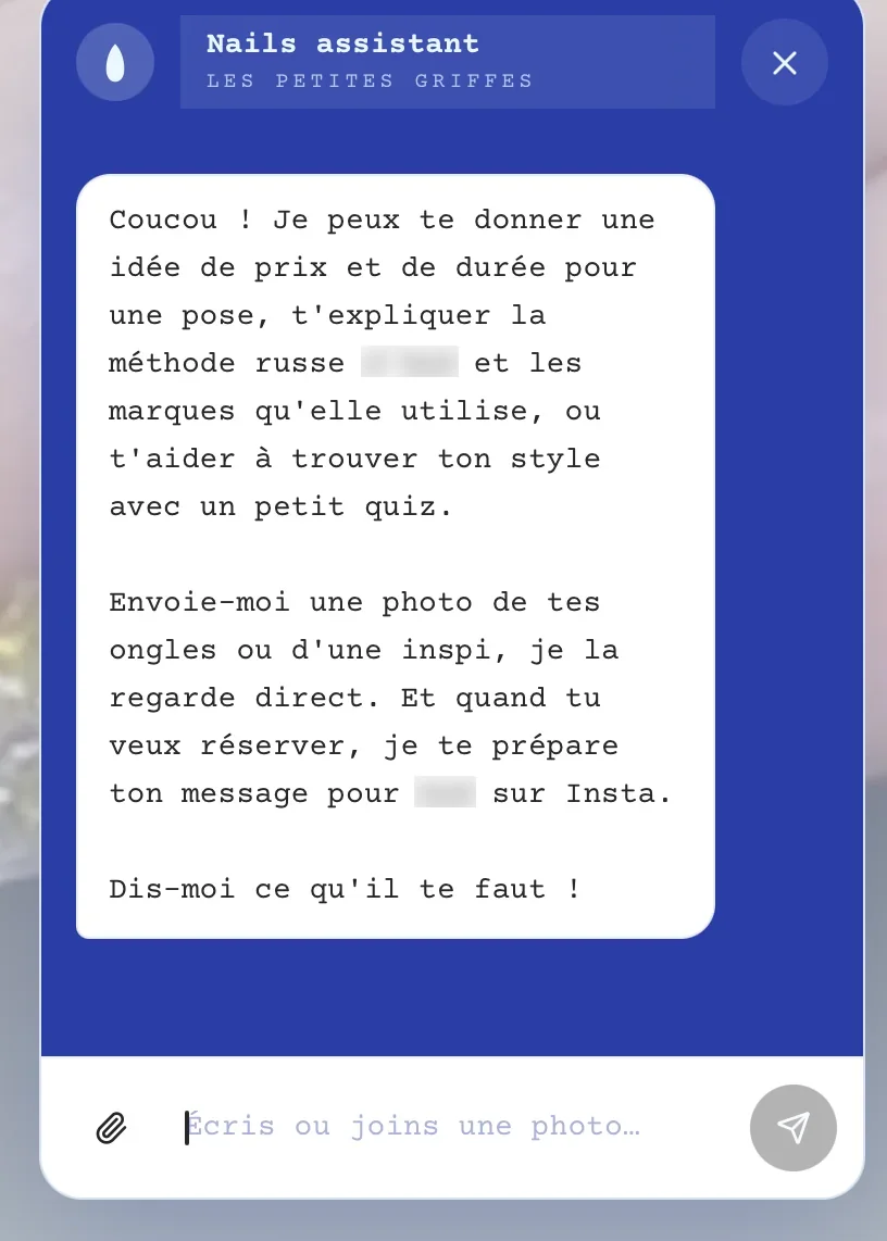 Assistant IA cadré sur les prix, la durée, la méthode et le style, avec garde-fous et sans promesse magique.