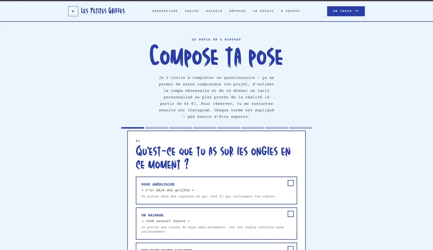 « Compose ta pose » : devis guidé qui cadre la demande de la cliente.